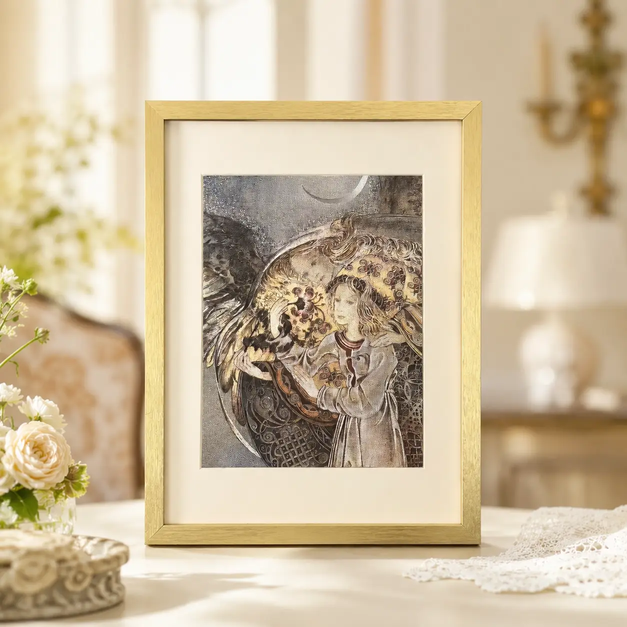Maiden with Floral Wings Under Crescent Moon Vintage Art religious foil picture by DUFEX PRINTS